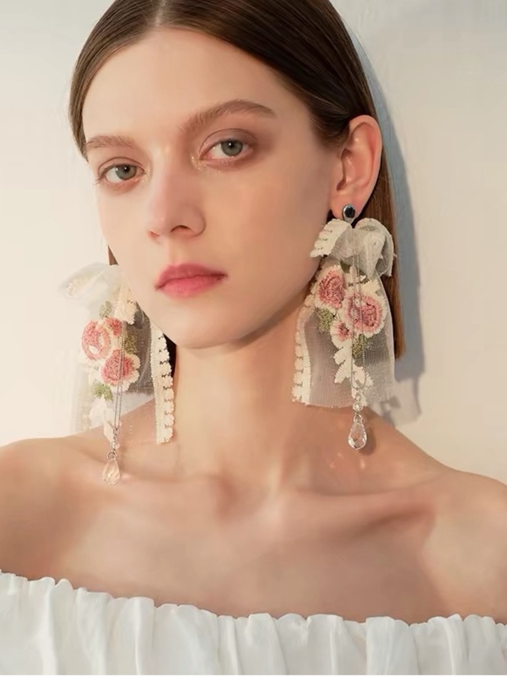 Rosaria Ribbon" Embroidered Lace Statement Earrings